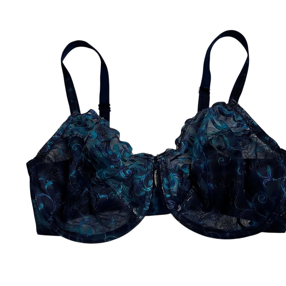 CurvyWhimsy Sheer Lace Balconette Bra Navy‎ Teal Floral Full Cup 36DD